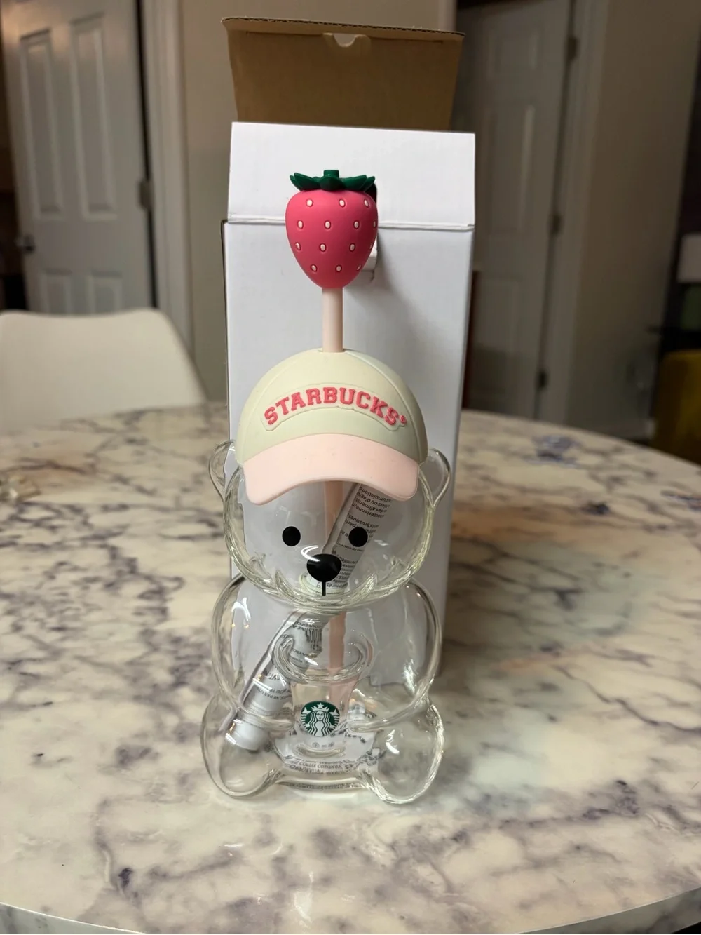 Starbucks collectible Bear glass with Pink & Cream Cap and Strawberry Topper